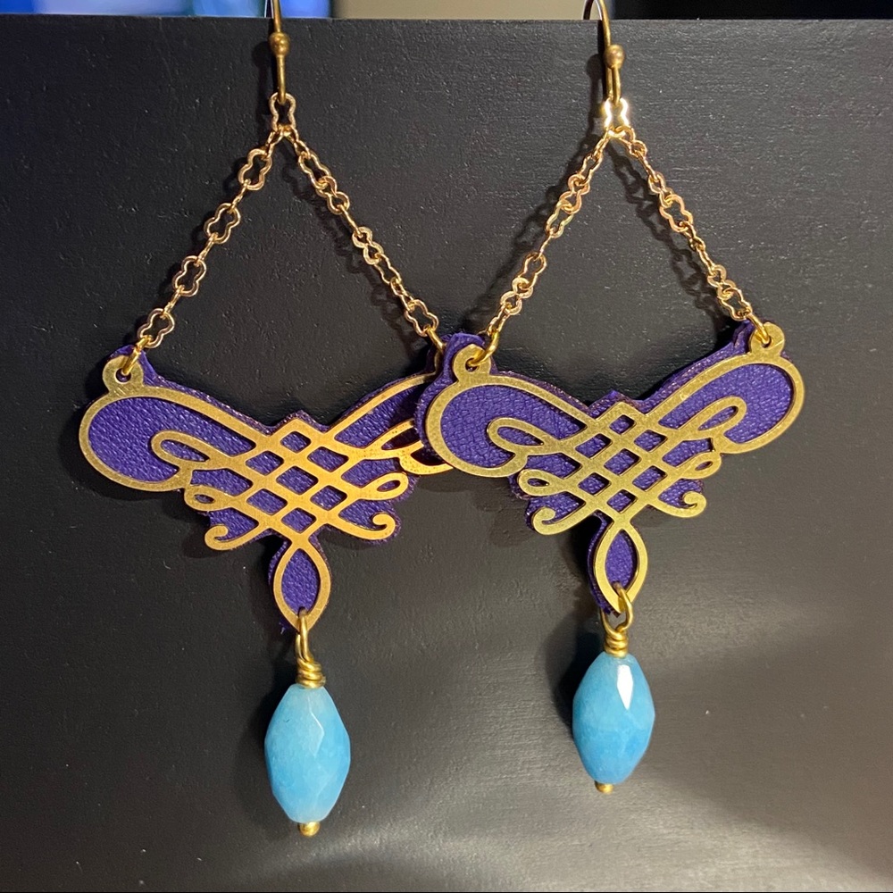 Brass and leather jewel tone earrings